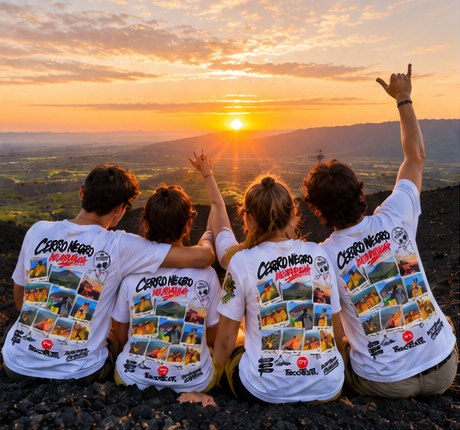 Grupo con camisetas Cerro Negro viendo el atardecer