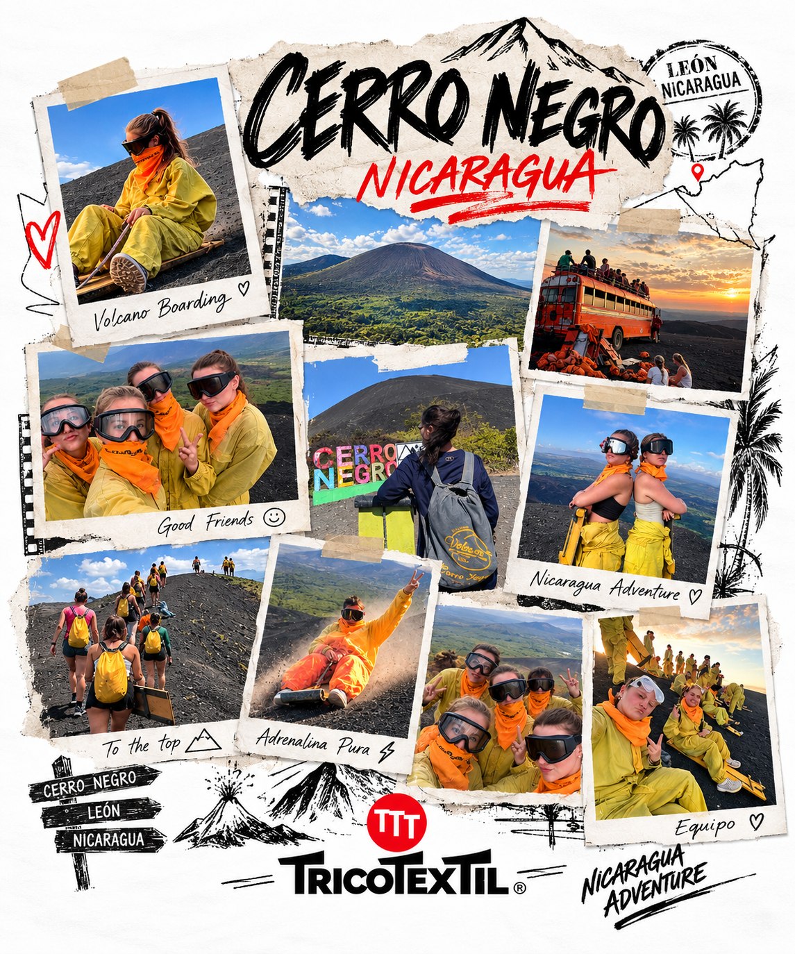 Estampado trasero Cerro Negro Nicaragua con polaroids de volcano boarding