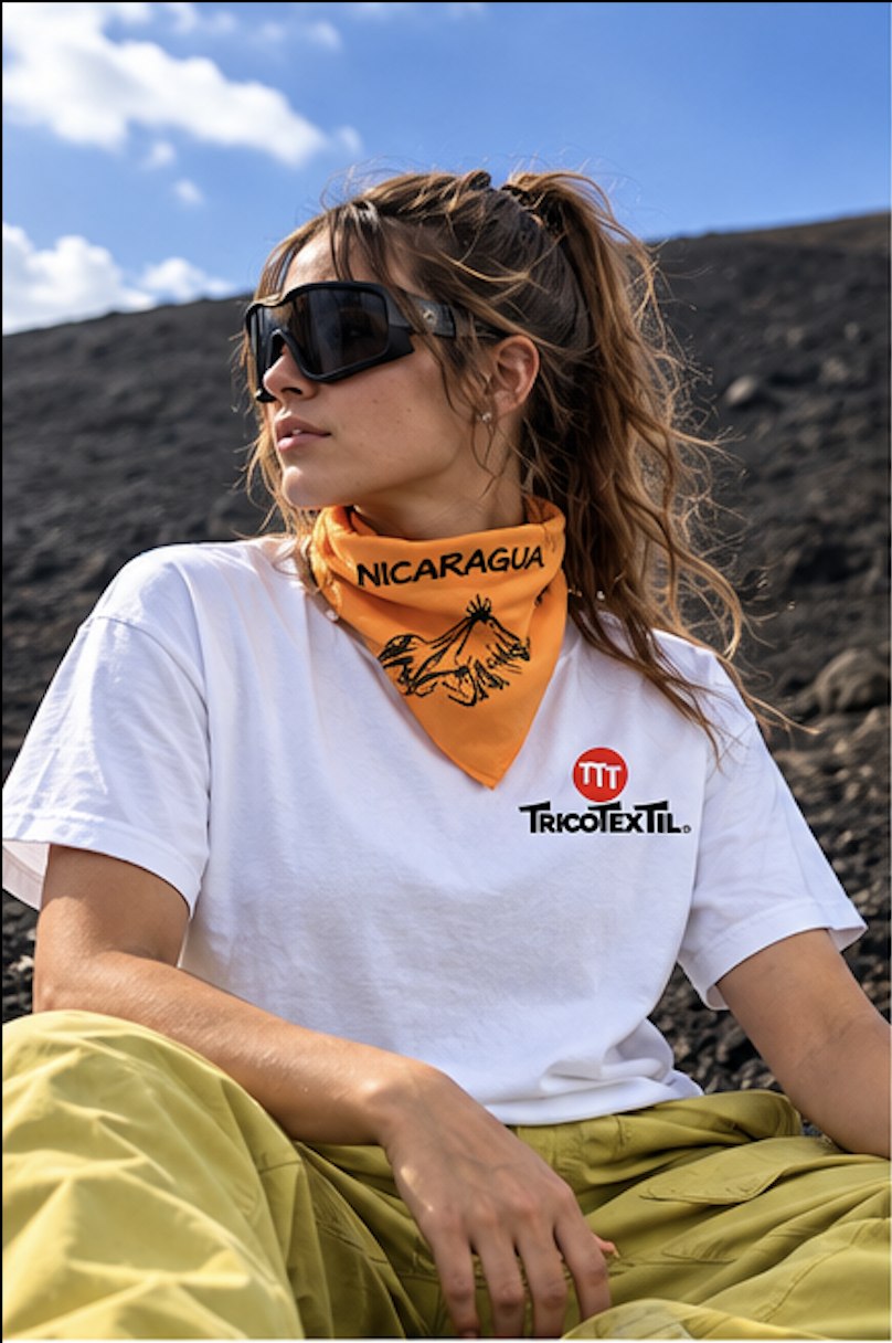 Camiseta blanca TricoTexTil con pañuelo naranja Nicaragua